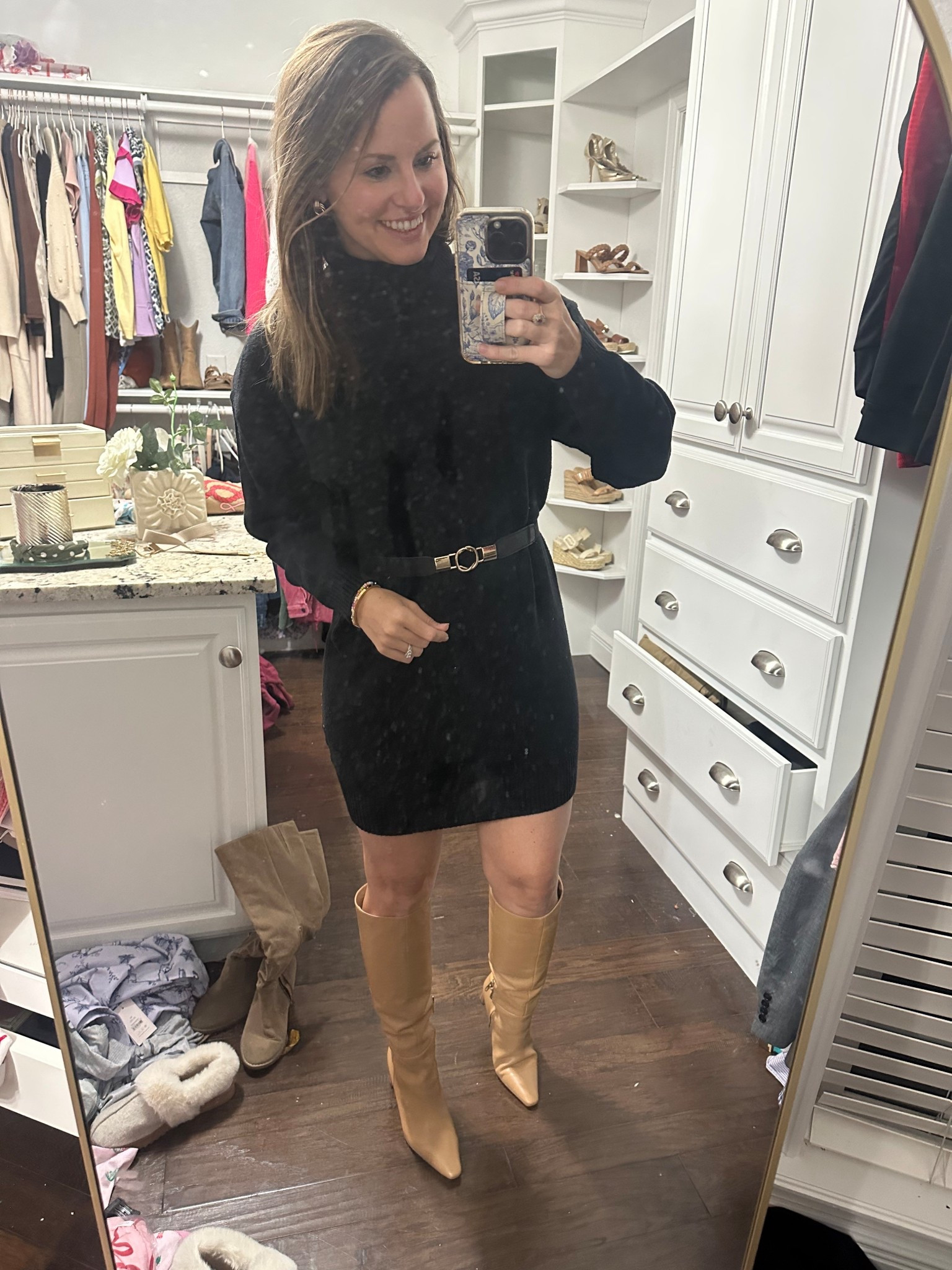 Winter date night outfit! Loving this black turtleneck sweater dress and leather boots! Paired it with my Amazon belt and gold earrings! Comfy & cute for a girls night, holiday party, gift exchange party, etc! Would even be cute for a new years outfit! 

Sweater dresses, Amazon outfit, knee high boots, Sam Edelman shoes, party outfit, date night outfit 

#LTKParties #LTKHoliday #LTKFindsUnder50