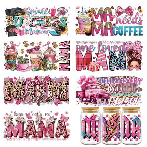 Rngmsi Mama UVDTF Cup Wrap - 8 Sheets Mom UV DTF Wraps for 16 oz, Leopard Print UV DTF Stickers for Water Botters Glass Cups, Pink Coffee Bow Rub on Transfer Decals for Women | Amazon (US)