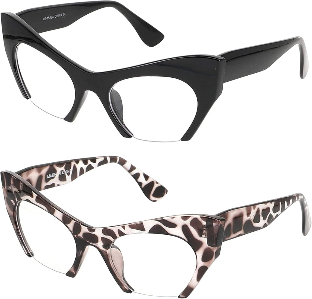 Cat Eye Eyeglasses Women Retro Vintage Razor Clear Lens Style Half Cut Off Frame (2 PACK: Black a... | Amazon (US)