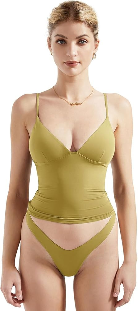SUUKSESS Women Sexy Deep V Neck Sleeveless Fitted Basic Tops Y2K Tank Top Cami | Amazon (US)