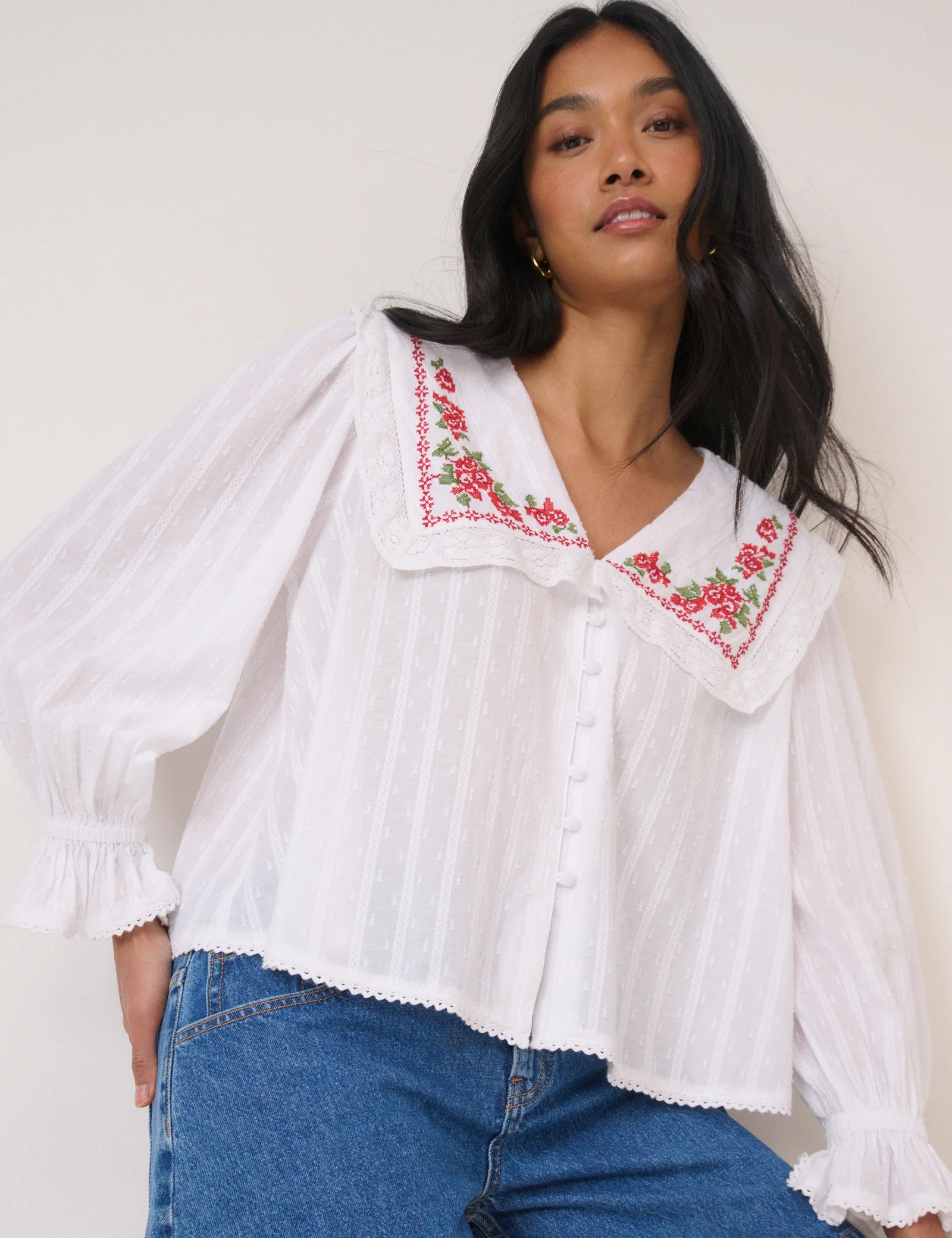 White Floral Collar Embroidered Blouse | Nobody's Child