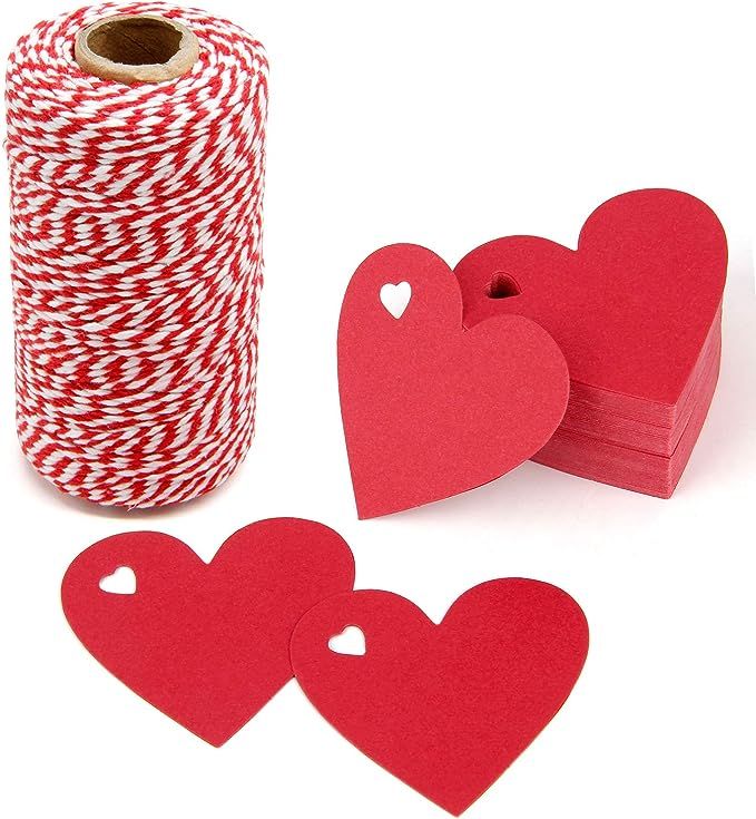 300 Feet Red and White Twine and 100 PCS Gift Tags Valentine’s Day Heart Shape Kraft Paper Tags... | Amazon (US)