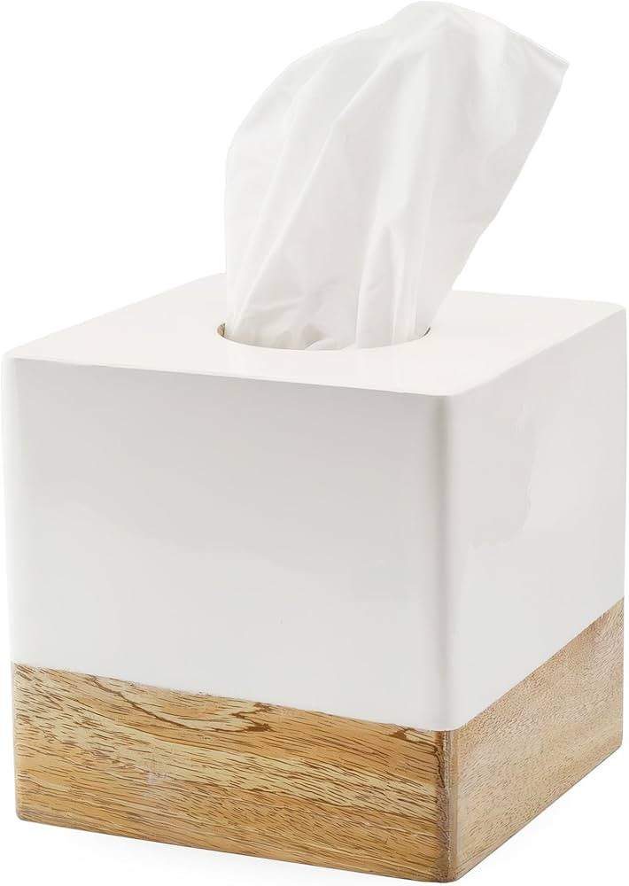 AuldHome Square Tissue Box Cover (Enamel/Mango Wood); Minimalist Scandinavian Decor White Cube Ti... | Amazon (US)