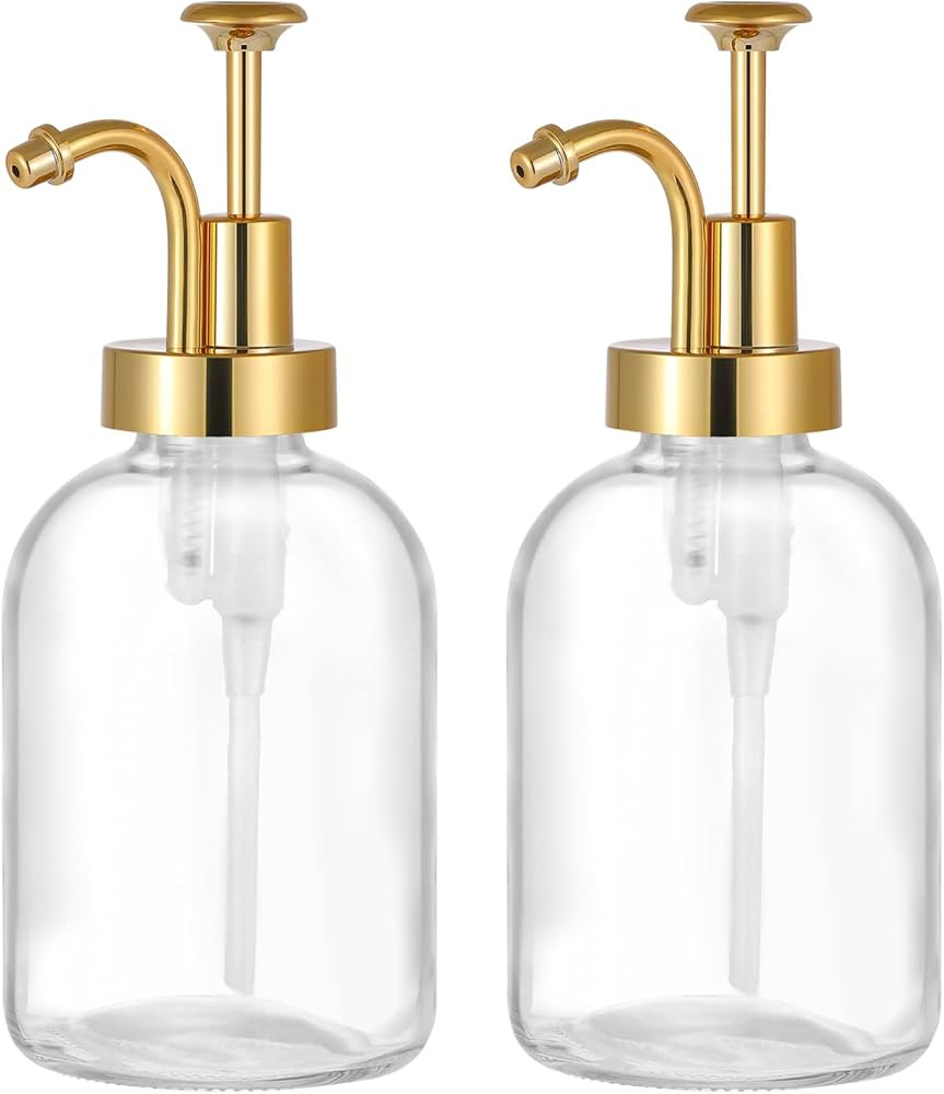 2 Pack Thick Clear Glass Jar Soap Dispenser with Gold Pump, 17oz Clear Boston Round Bottles Dispe... | Amazon (US)