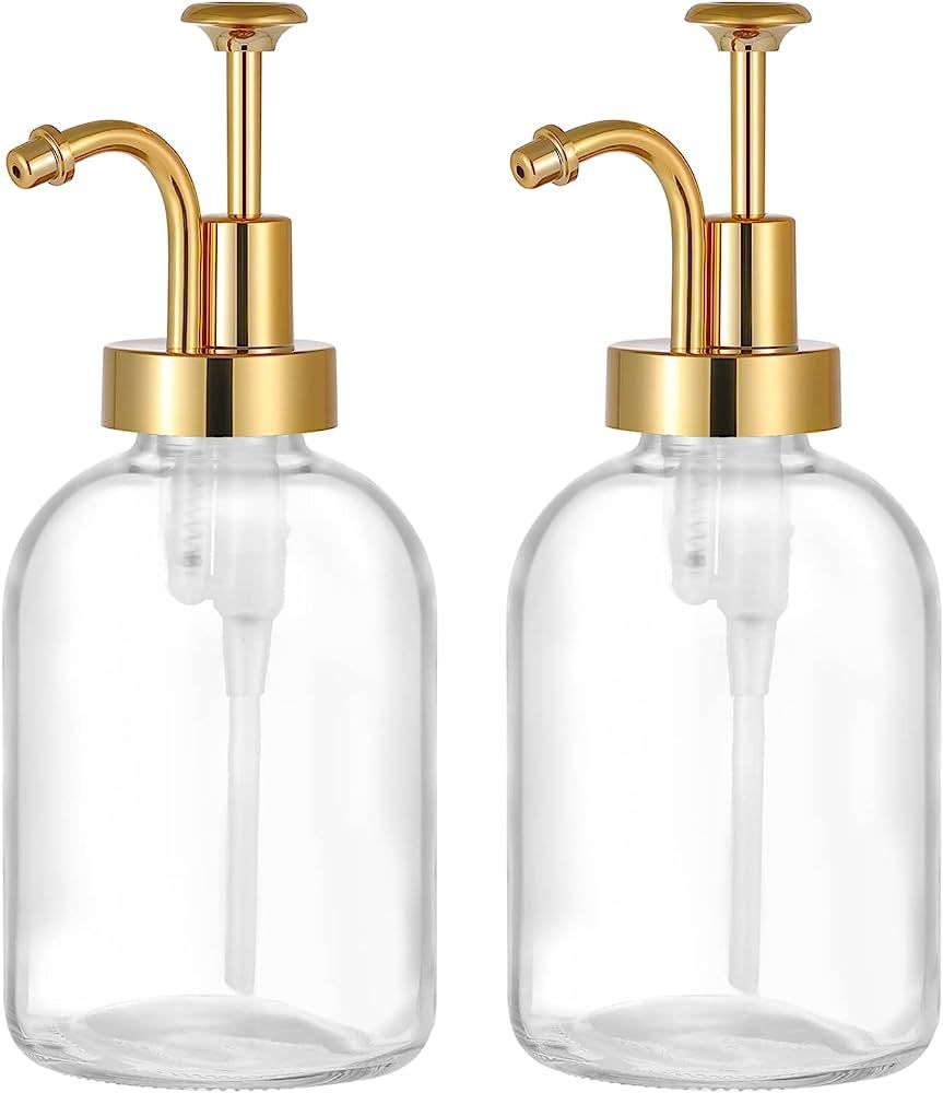 2 Pack Thick Clear Glass Jar Soap Dispenser with Gold Pump, 17oz Clear Boston Round Bottles Dispe... | Amazon (US)