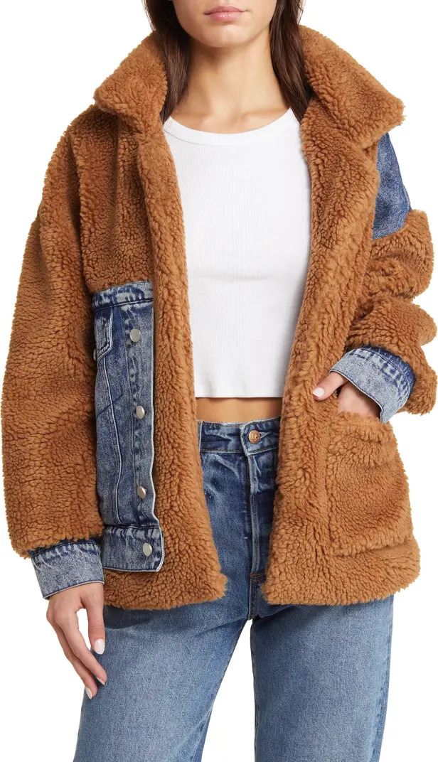 BLANKNYC Denim Patchwork Faux Shearling Teddy Coat | Nordstrom | Nordstrom