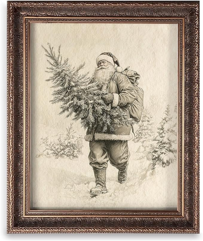 Vintage Christmas Tree Painting Print, Santa Claus Christmas Art Print, Antique Holiday Winter Wa... | Amazon (US)