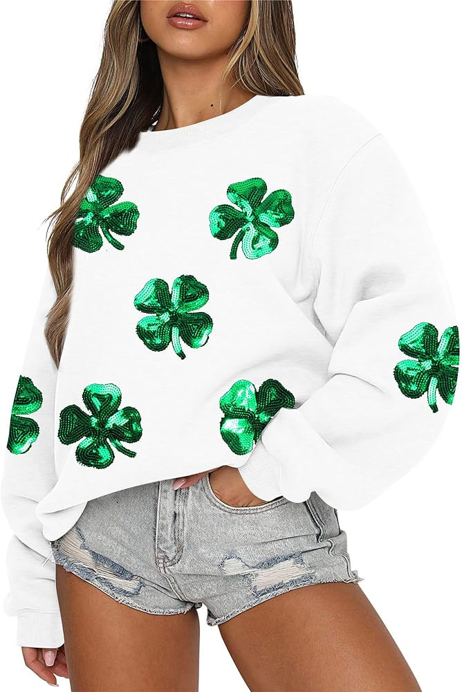 MAXIMGR Women St Patricks Day Sweatshirts Sequin Leaf Clover Sweater Shamrock Shirts Casual Irish... | Amazon (US)