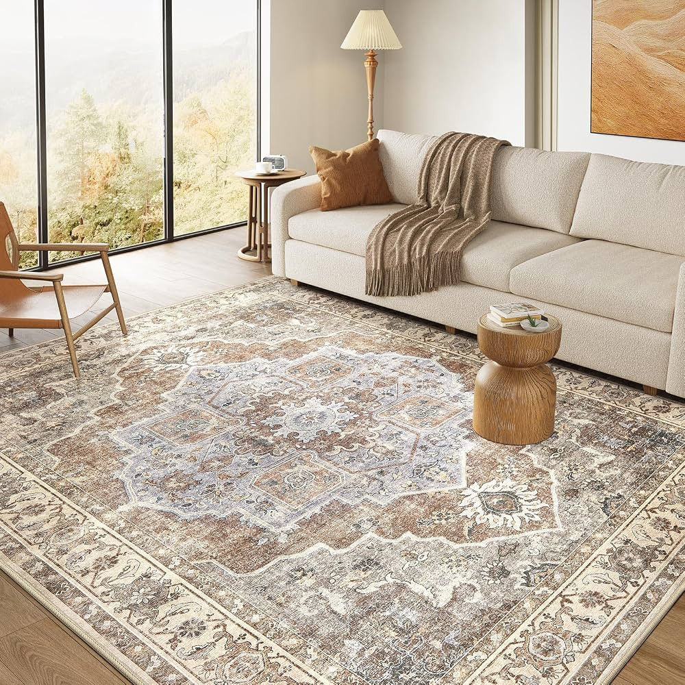 Washable 5x7 Area Rugs for Living Room - Vintage Distressed Floral Neutral Boho Farmhouse Soft La... | Amazon (US)