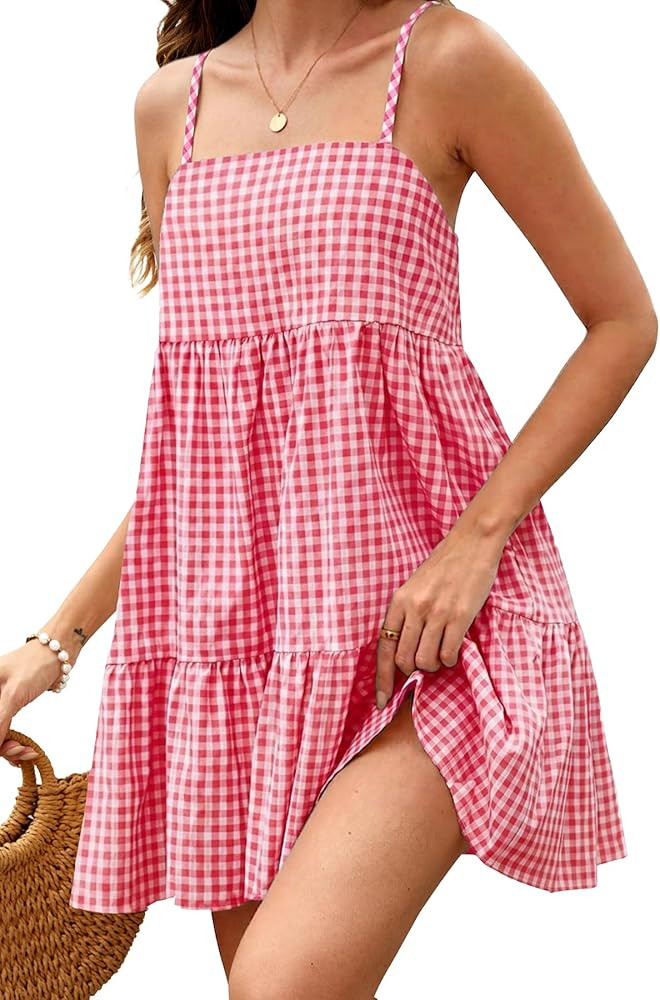 ELLEVEN Women's Gingham Mini Dress, Spaghetti Strap Flowy A-Line Sleeveless Plaid Sundress for Be... | Amazon (US)