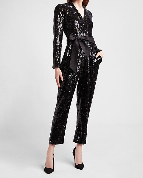 Sequin Belted Long Sleeve Jumpsuit | Express