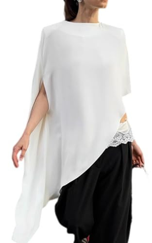 Women's Satin Asymmetrical Cape Blouse - Oversized Flowy Satin Blouse Elegant Going Out Shirt for Summer (White, M) | Amazon (US)