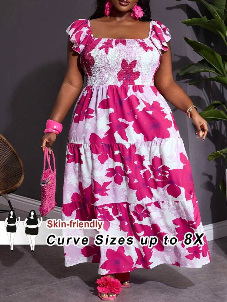SHEIN CURVE+ Plus Size Vacation & Leisure Loose Fit Floral Printed Ruffle Hem Dress With Belt Boho Vacation,Beach Dress Sundress,Holiday Outfits | SHEIN