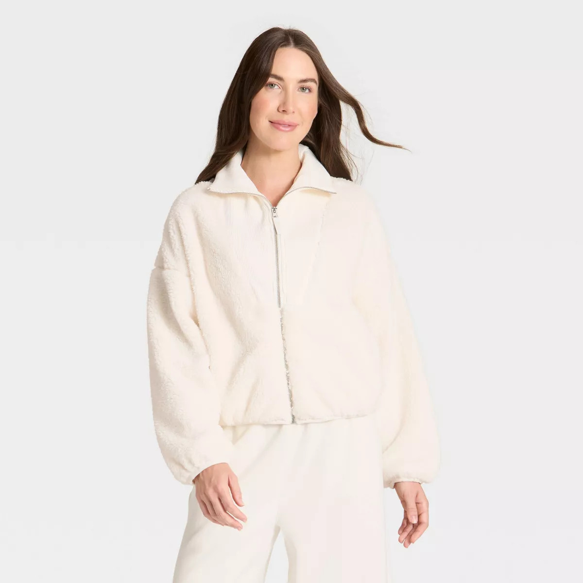 Women's High Pile & Ribbed Mix Jacket - All In Motion™ Cream XS | Target