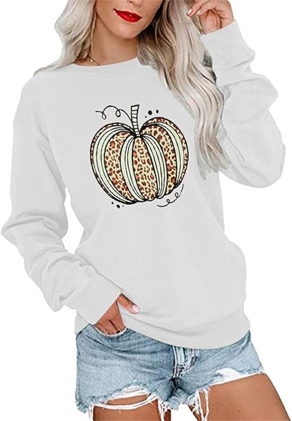 Women's Leopard Print Pumpkin Graphic Sweatshirts Crewneck Long Sleeve Casual Loose Fit Pullover ... | Amazon (US)