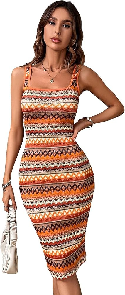 COZYEASE Women's Chevron Print Square Neck Bodycon Dress Sleeveless Knee Length Casual Summer Dre... | Amazon (US)