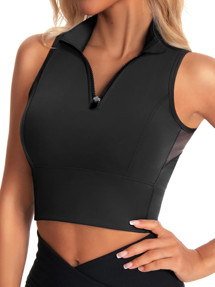AARYA Cropped Workout Tank Tops for Women Built in Bra Half Zip High Neck Sports Bras Medium Supp... | Amazon (US)