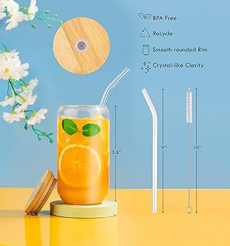 Glass Cups With Lids And Straws - 16oz Drinking Glasses 4pcs Set - Glass Coffee Cups With Lids An... | Amazon (US)