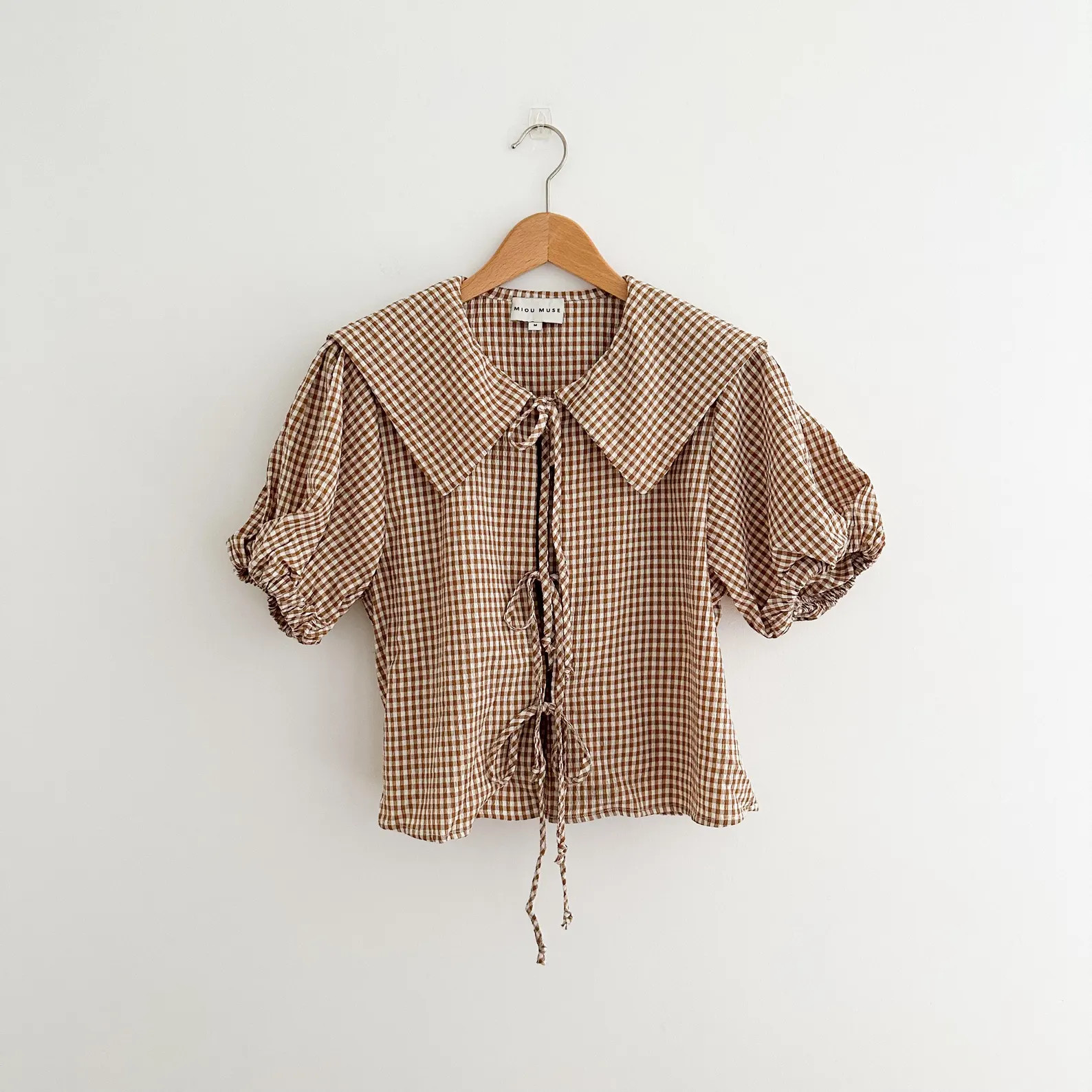 Miou Muse Gingham Peter Pan Collar Blouse Tie Front Cropped Shape Top Size M | Etsy (Global)