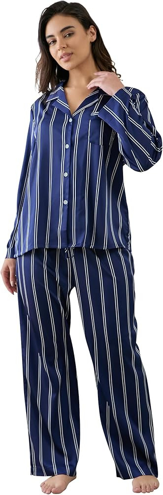 Womens Silk Satin Pajamas Set Button Down 2 Piece Pjs Long Sleeve Oversized Sleepwear with Pocket... | Amazon (US)