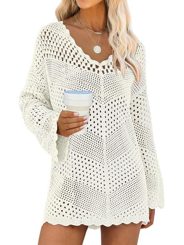ANRABESS Swimsuit Cover Up for Women Crochet Bathing Suit Summer Swimwear V Neck Mesh Knit Dress 2026 Beach Vacation Clothes Large Cream White | Amazon (US)