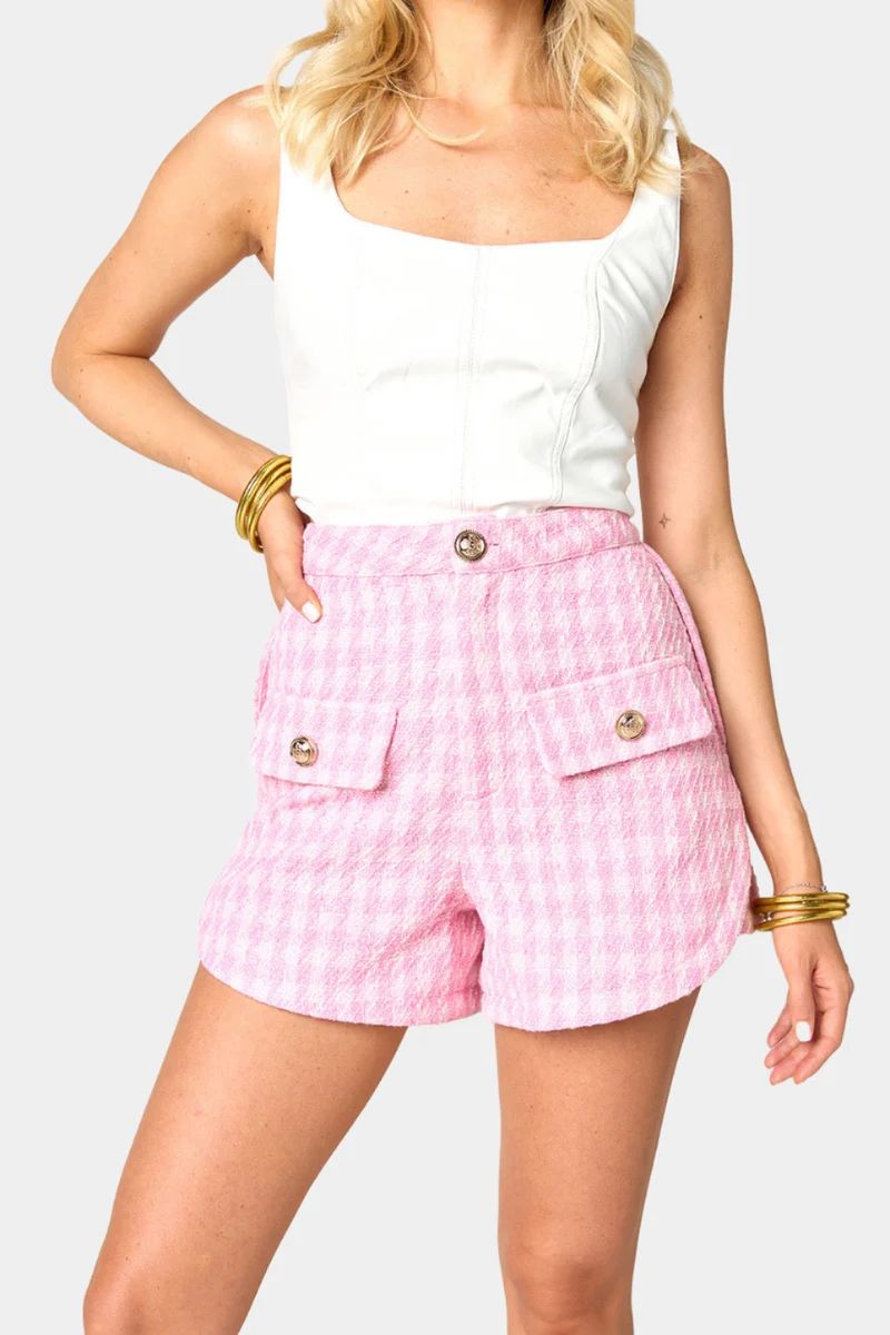 Mae Tweed High-Waisted Shorts - Pale Pink | BuddyLove