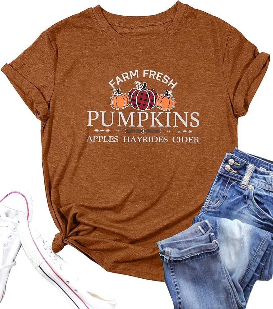 Pumpkin Shirt Women Farm Fresh Shirt Pumpkins Graphic Tees Causal Letter Printed T-Shirt Hallowee... | Amazon (US)
