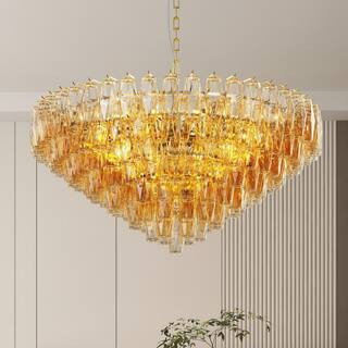37 in. 14-Light Gold Round Chandelier, Pendant Lighting Fixture with Tiered Smoke Glass Tubes for Dining Room | The Home Depot