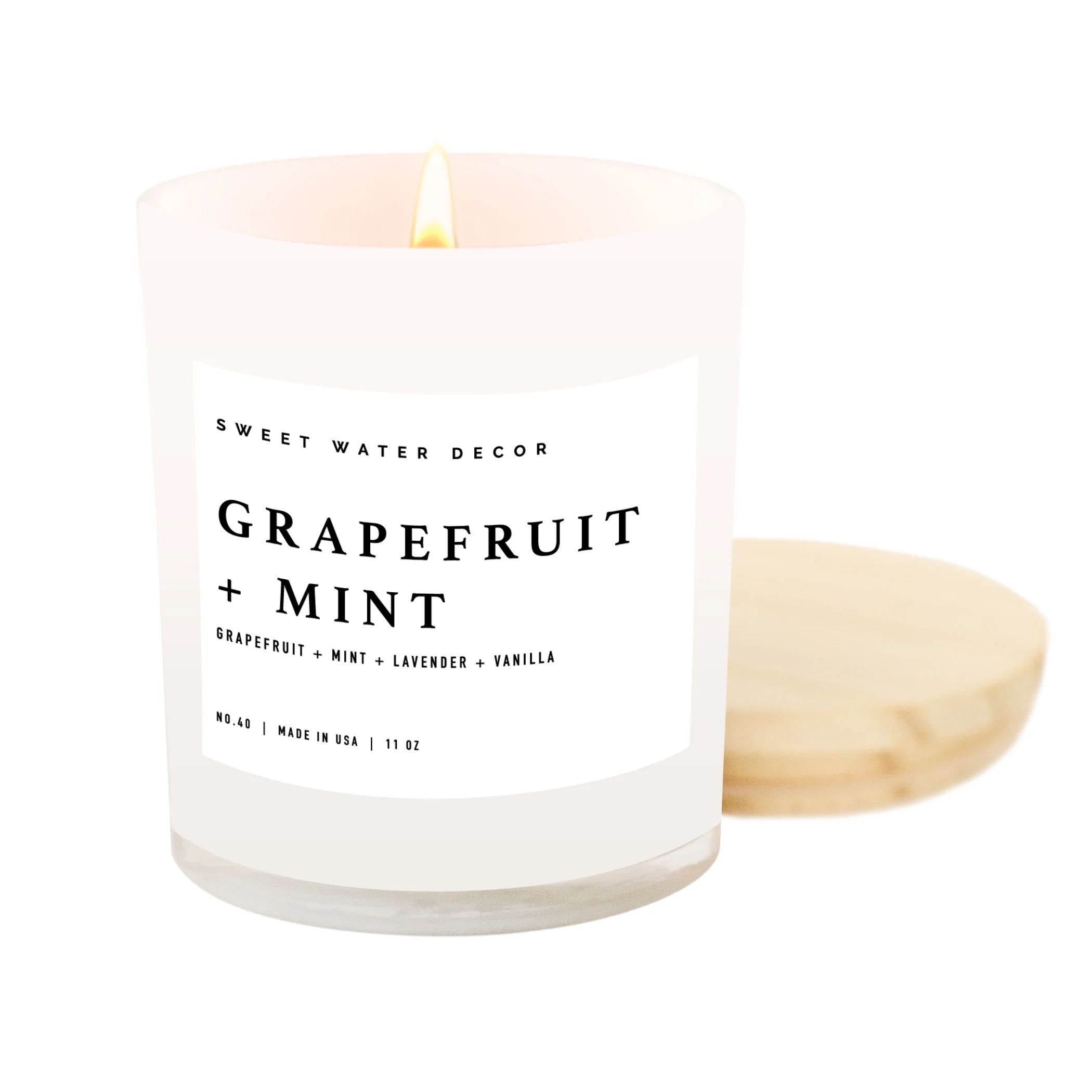 Grapefruit + Mint Soy Candle | White Jar + Wood Lid | Sweet Water Decor, LLC