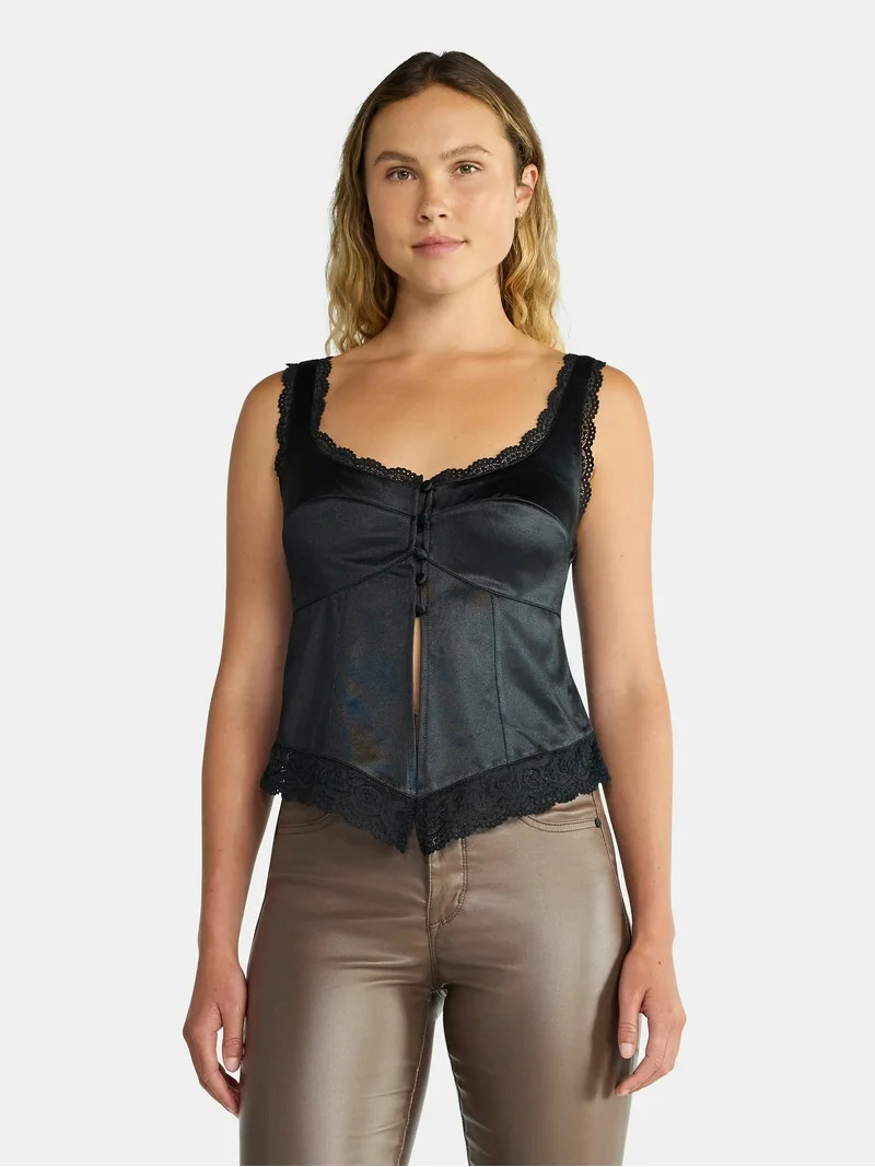 Madden NYC Women's Sleeveless Satin Flyaway Top with Lace Trim, Sizes XXS-XXL - Walmart.com | Walmart (US)