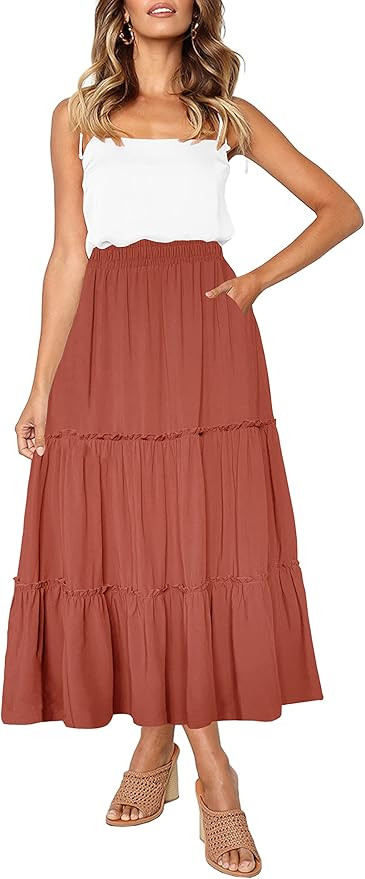 Afibi Womens High Waist A Line Ruffle Swing Long Maxi Skirt with Pockets | Amazon (US)