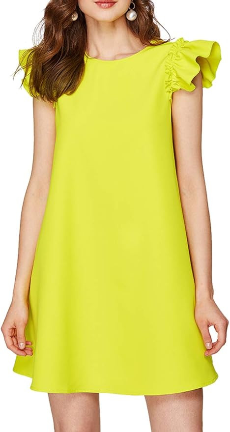 Romwe Women's Ruffle Trim Sleeve Summer Beach A Line Loose Swing Dress | Amazon (US)