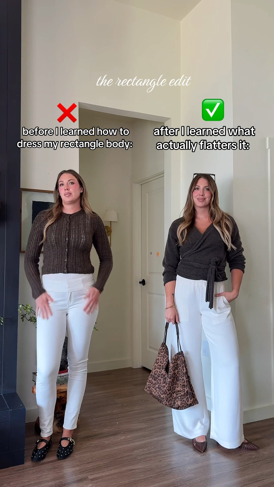 Proof that it’s not your body, it’s how you’re styling it! These white wide leg pants instantly add balance and the illusion of curves to your straight up and down silhouette! I cannot recommend these enough & I love the fact that they come in multiple lengths!

I’m 510 wearing a medium tall & medium in everything else