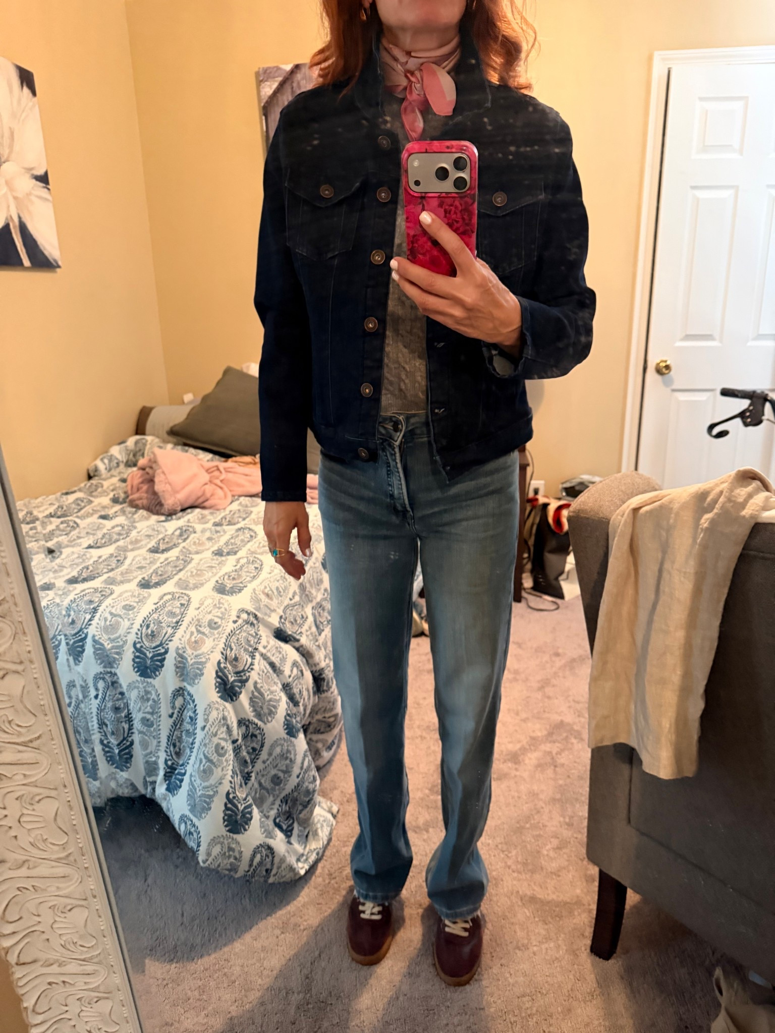 Good American soft tech jeans - wearing a 26 . Very stretchy 
Cable knit in grey small
Jean jacket small
Silk scarf

#LTKgrwm #LTKootd #LTKOver40