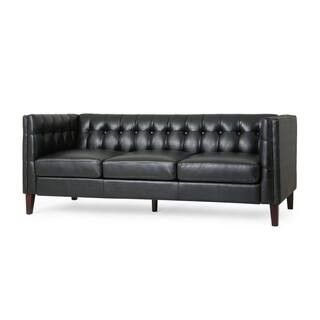 Noble House Sadlier 75.5 in. 3-Seat Square Arm Faux Leather Straight Midnight Black Sofa 107581 -... | The Home Depot