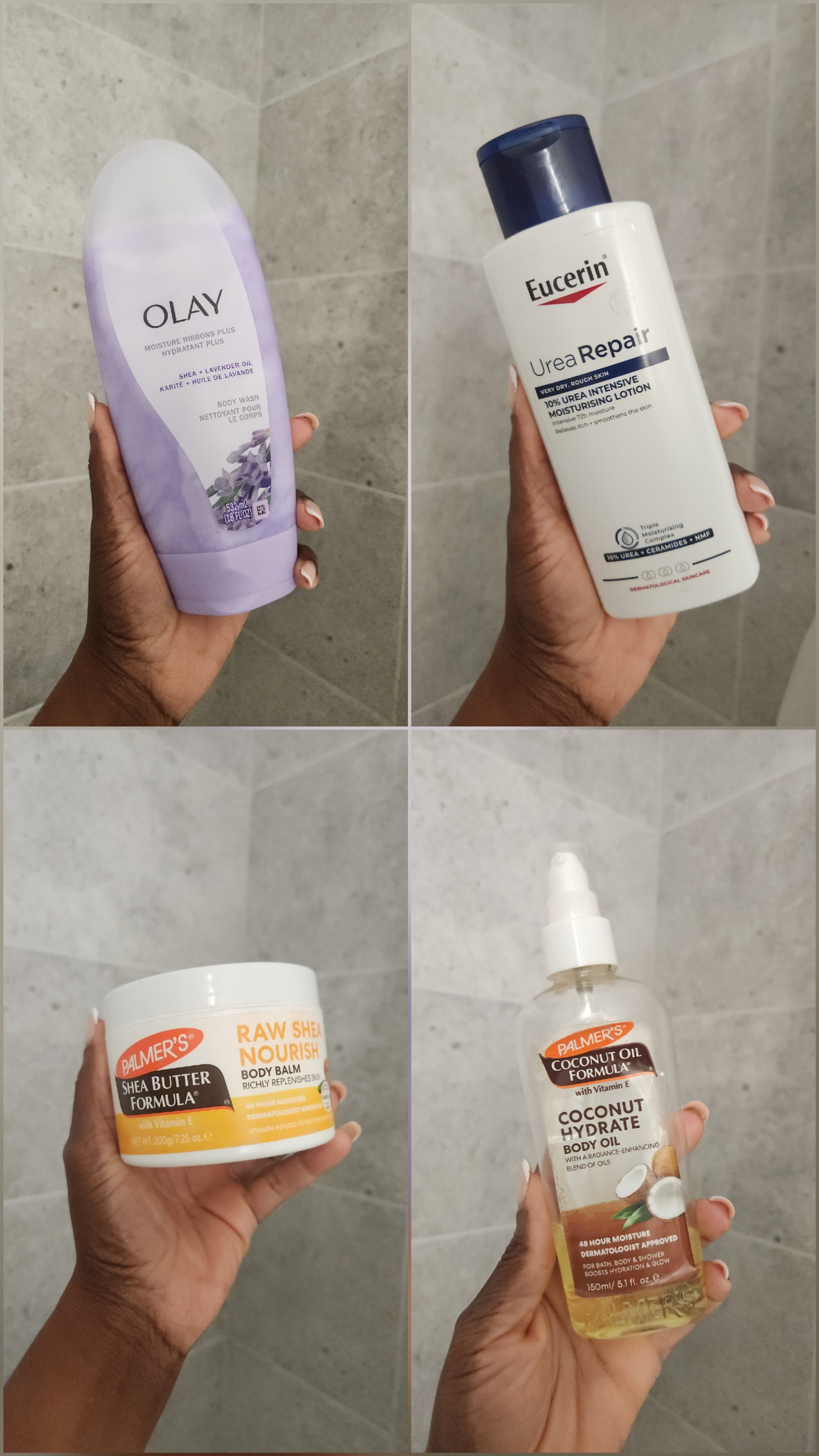 Shower skincare routine.  Luv these products for soft + moisturized skin & eczema calming relief.  Olay body wash, Palmer's body oil and shea body balm, Eucerin urea repair 

#LTKmorningroutine #LTKselfcare #LTKdayinmylife