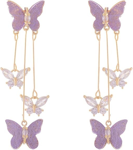 Purple Butterfly Tassel Style Zircon Earrings for Women Crystal Rhinestone Drop Earrings Long But... | Amazon (US)