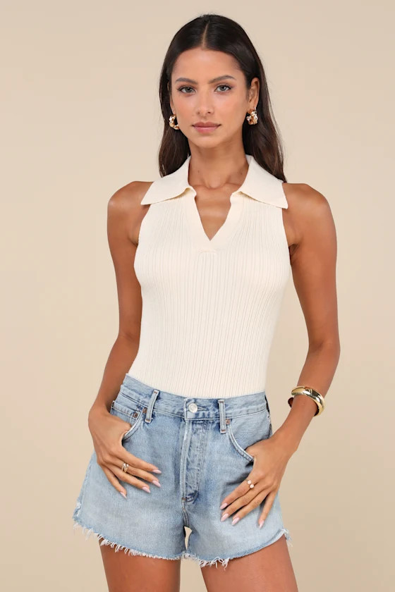 Sincerely Trendy Cream Ribbed Collared Sleeveless Sweater Top | Lulus