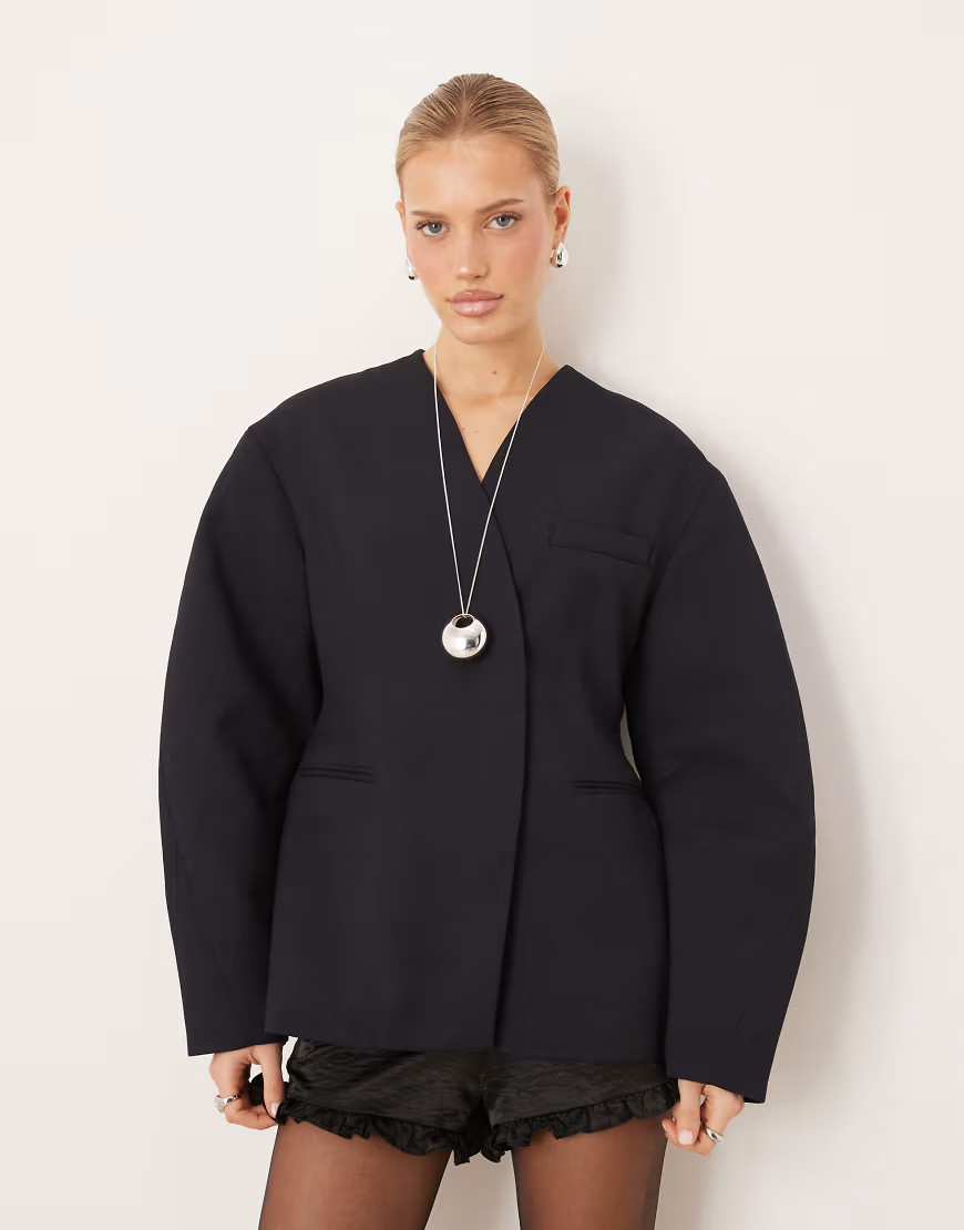 ASOS DESIGN collarless cinch waist blazer in navy-Green | ASOS (Global)