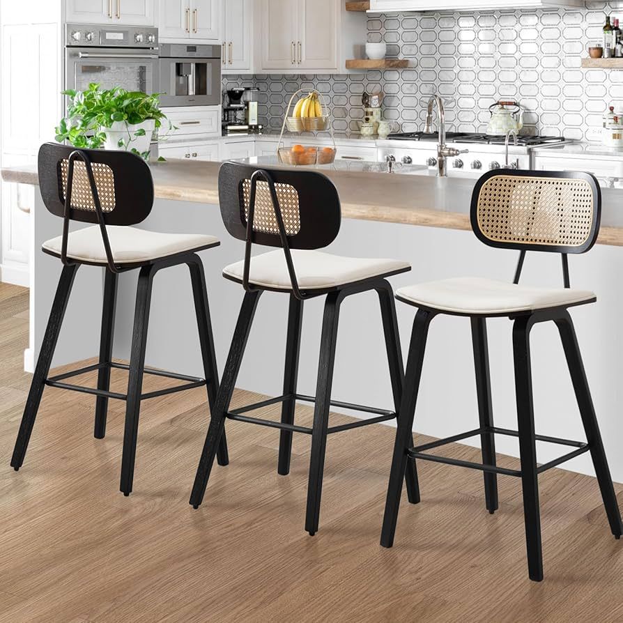 Counter Height Bar Stools Set of 3, 26" PU Leather Upholstered Rattan Barstools, Mid Century Mode... | Amazon (US)