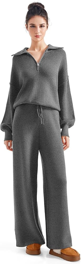 SUUKSESS Women 2 Piece Lounge Sets Oversized Quarter Zip Pullover Wide Leg Pants | Amazon (US)