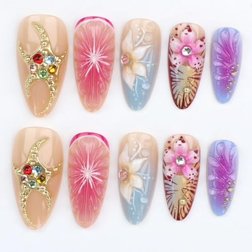 24pcs Handmade Press on Nails Medium Length Almond Flower Fake Nails - French Tip False Nails with 3D Ripple Starfish Gold Gems Design Full Cover Artificial Nails Cute Stick on Nail for Women DIY | Amazon (US)