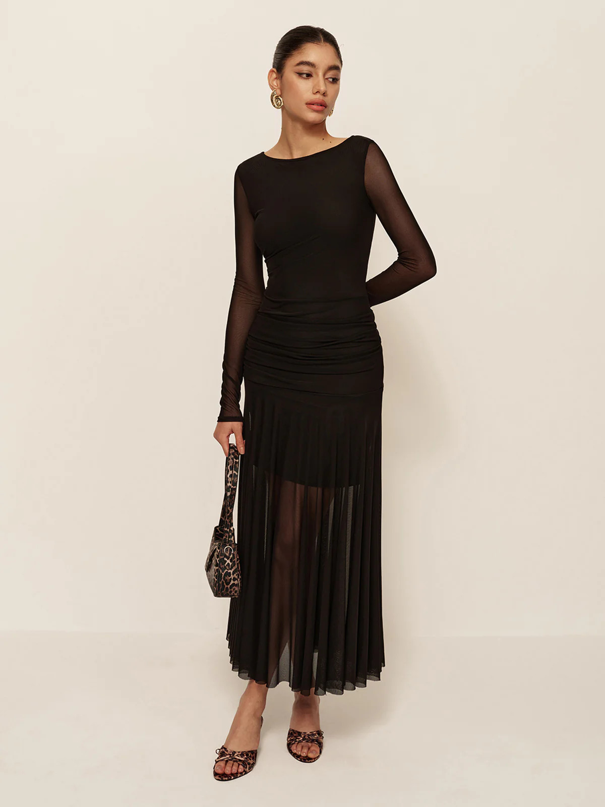 Sheer Pleated Hem Long Sleeve Ruched Dress | Commense
