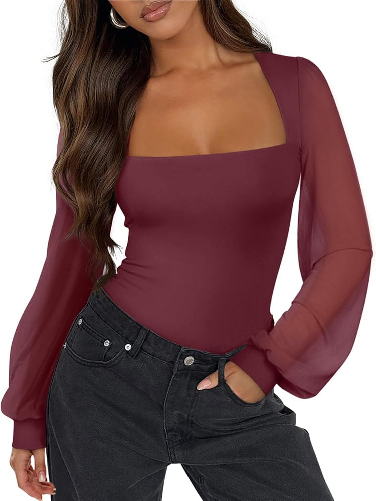 PINKMSTYLE Women's Square Neck Double Lined Mesh Long Sleeve Bodysuits Slim fit Trendy Going Out ... | Amazon (US)