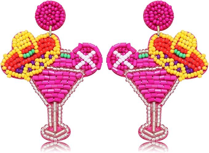 Beaded Cocktail Earrings Cinco De Mayo Earrings for Women Tropical Drink Hot Pink Drop Dangle Ear... | Amazon (US)