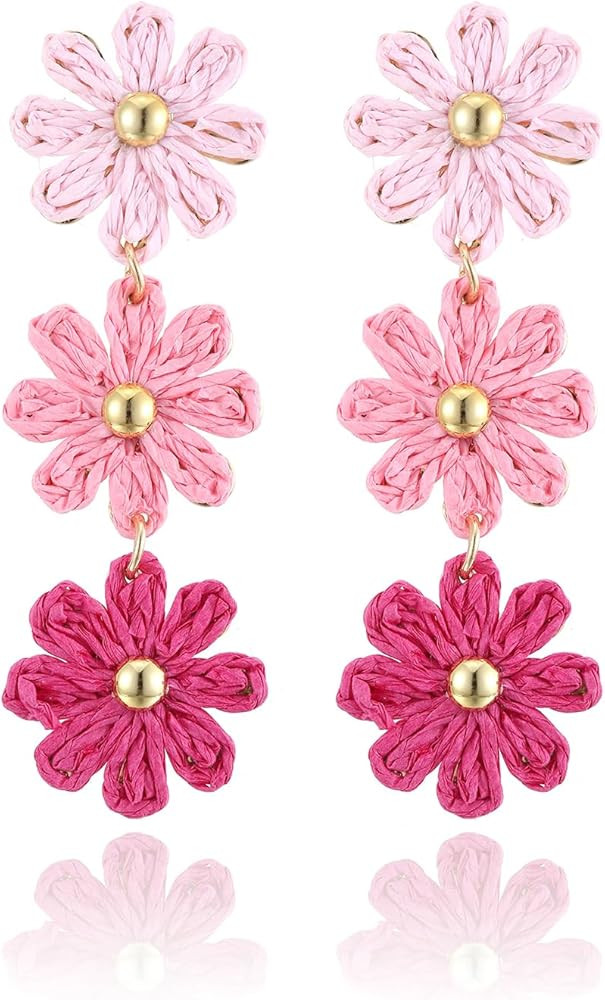 Raffia Daisy Flower Earrings, Raffia Straw Wrapped Daisy Drop Dangle Earrings Summer Tropical Bea... | Amazon (US)