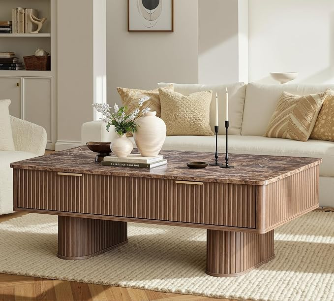 win2win Rectangle Coffee Table with Storage, Faux Marble Top, Walnut | Amazon (US)