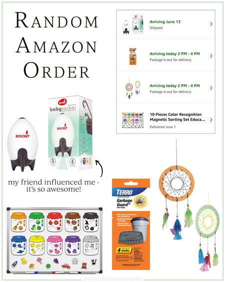 My random Amazon order 
•stroller rocker - my friend had this last week & it’s so awesome!
•toddler color sorting activity 
•garbage insect guard
•kids craft 

#AmazonFinds

#LTKKids #LTKBaby #LTKFindsUnder100