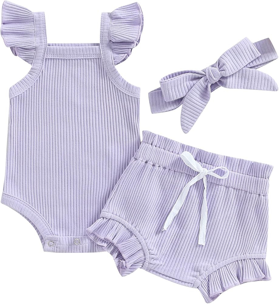 3pcs Toddler Girls Summer Outfits Ribbed Halter Crop Top Romper Bodysuit +Floral Bloomer Shorts+H... | Amazon (US)