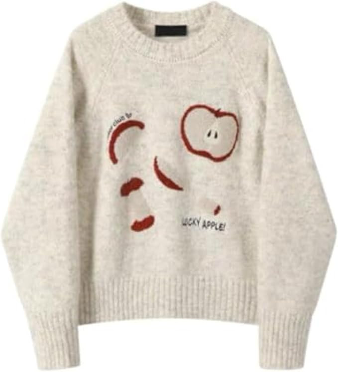 Cozy Sweaters for Women Whimsy Twee Funky Apple Graphic Knit Sweaters | Long Sleeve Whimsical Pul... | Amazon (US)